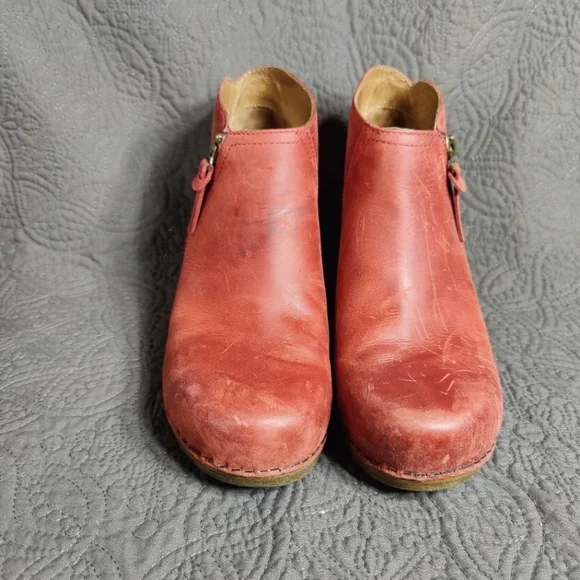 Dansko Max Block Heel Zip  Distressed Rust Burgundy Leather Ankle Wedge 6.5-7 - Picture 2 of 13